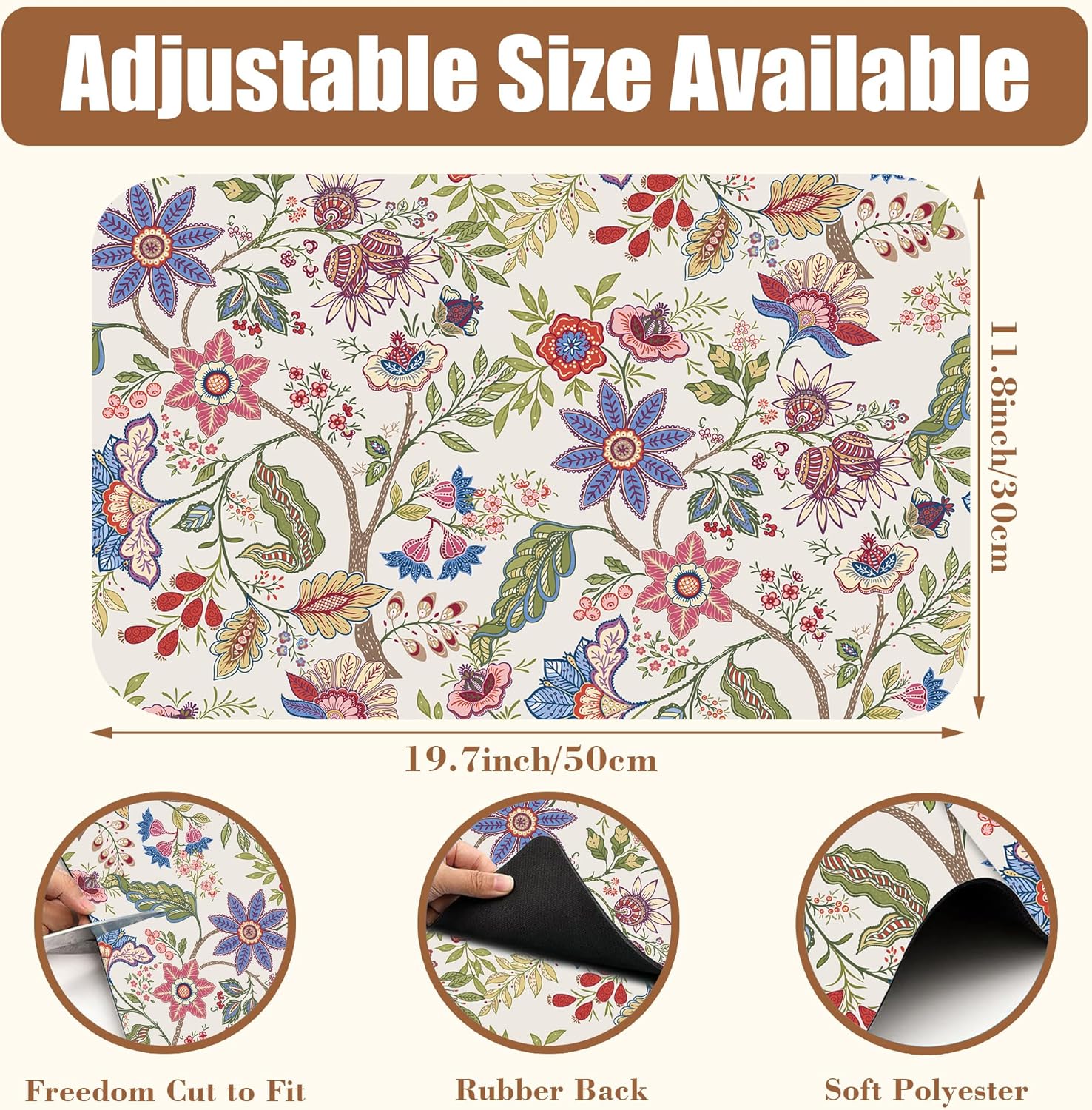 Colorful Flowers Dish Drying Mat for Kitchen Counter Bar Mat Hide Stain Absorbent Rubber Backed Coffee Maker Espresso Machine Bar Accessories 11.8 x 19.7 Inch