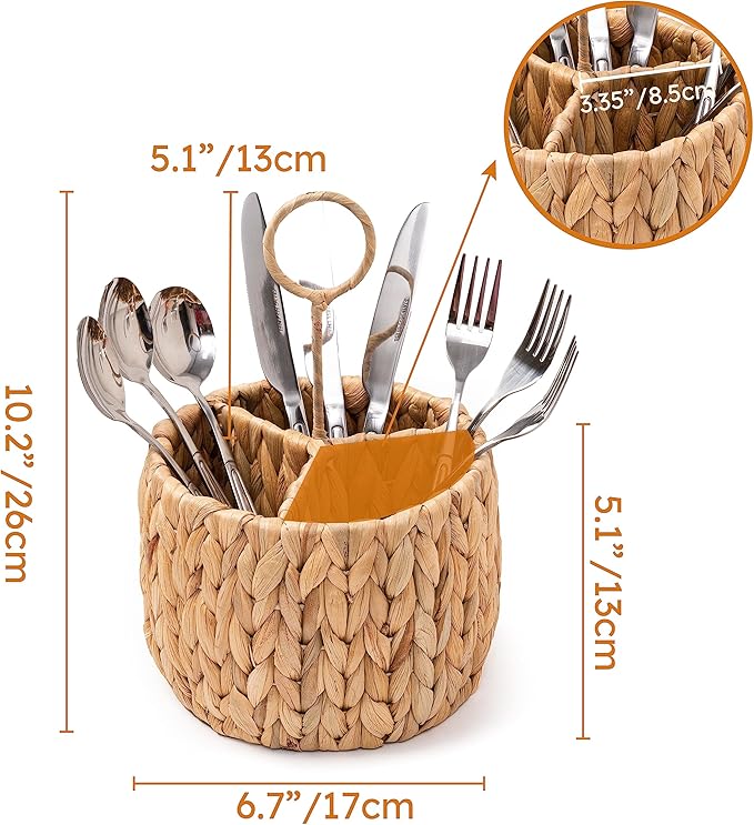 KOLWOVEN Wicker Flatware Organizer, Kitchen Utensil Holder for Countertop, Silverware Caddy Natural Woven Flatware Caddy with 3 Compartments, Cooking Utensil Organizer