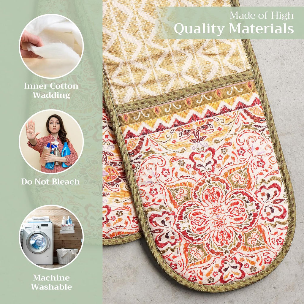 Maison d' Hermine Double Oven Mitts 100% Cotton 7"x35" Double Oven Mitt Heat Resistant BBQ Cooking Gloves with Loop, Baking, Grilling, Home, Kitchen, Handling Hot Pans (Damask)