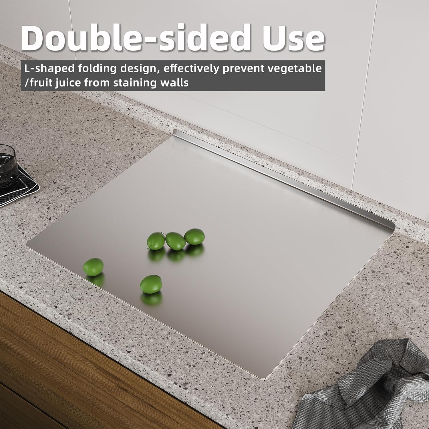 KORVOS Stainless Steel Cutting Board, 15.7" x 11.8" Double-Sided Metal Cutting Board for Kitchen, Chopping Board with Lip&Non-Slip Mat, Easy to Clean, Suitable for Meat, Fruits&Baking