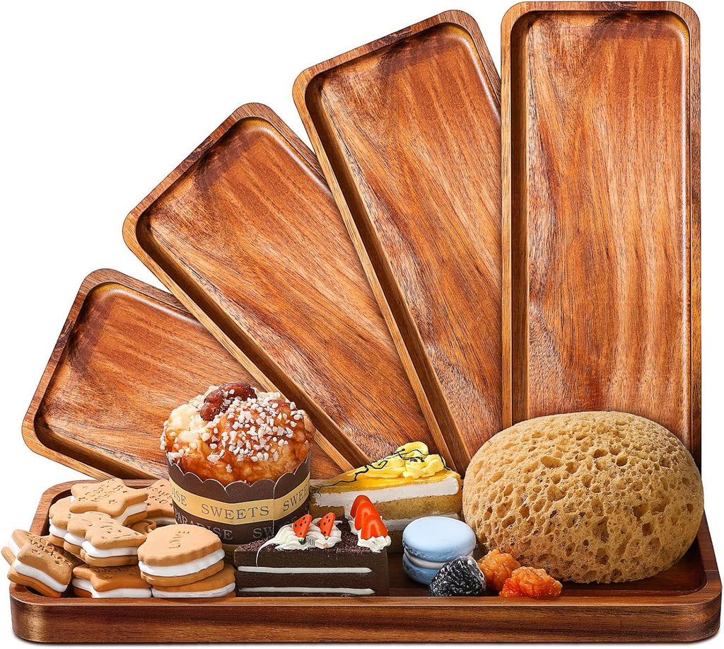 Roowest 5 Pack Solid Acacia Wood Serving Trays for Laser Engraving Rectangular Wooden Board for Food Appetizer Serving Tray Plates for Vegetables Fruit Cheese Housewarming Gifts(14 x 5.5 Inch)