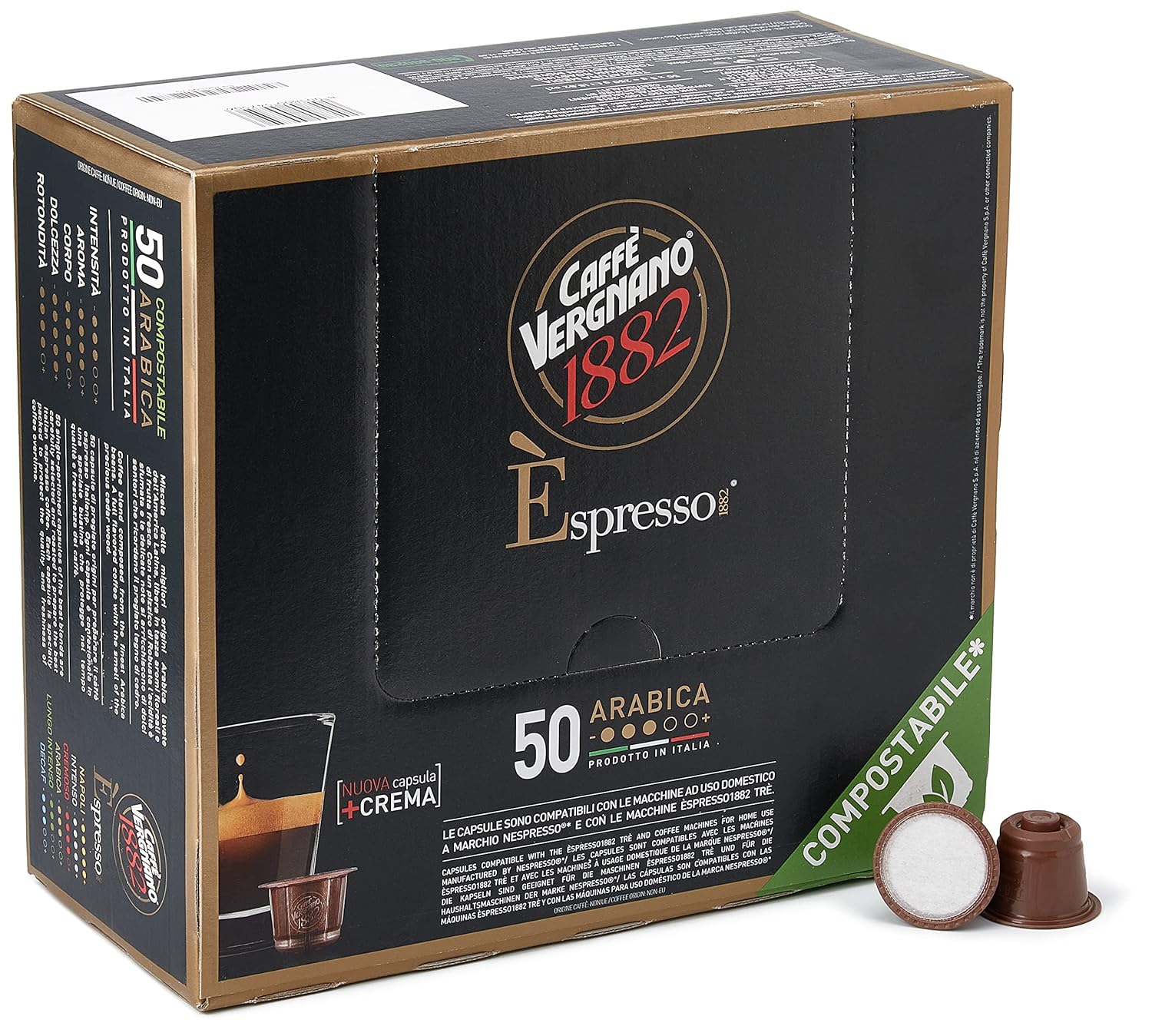 Caffe' Vergnano 1882 Medium Roast Arabica Robusta Espresso Original Line Machine Compatible Capsules, Single-Serve Italian Coffee for Nespresso Machines, Intensity 4/10, Oro, 50 Ct