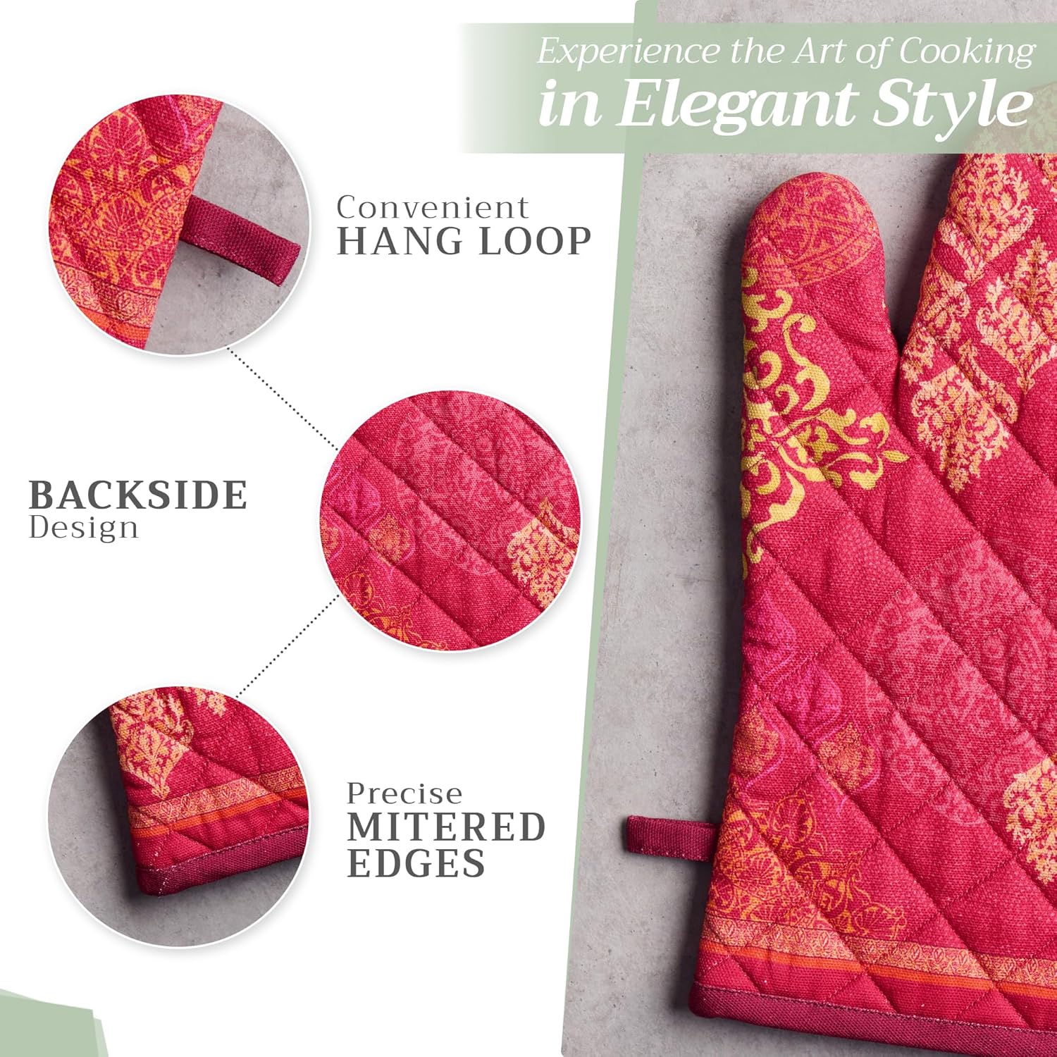 Maison d' Hermine 100% Cotton Oven Mitt & Pot Holder Set (7.5"x13" & 8"x8") Heat Resistant BBQ Cooking Gloves with Loop, Baking, Grilling, Kitchen, Handling Hot Pans (Versailles)