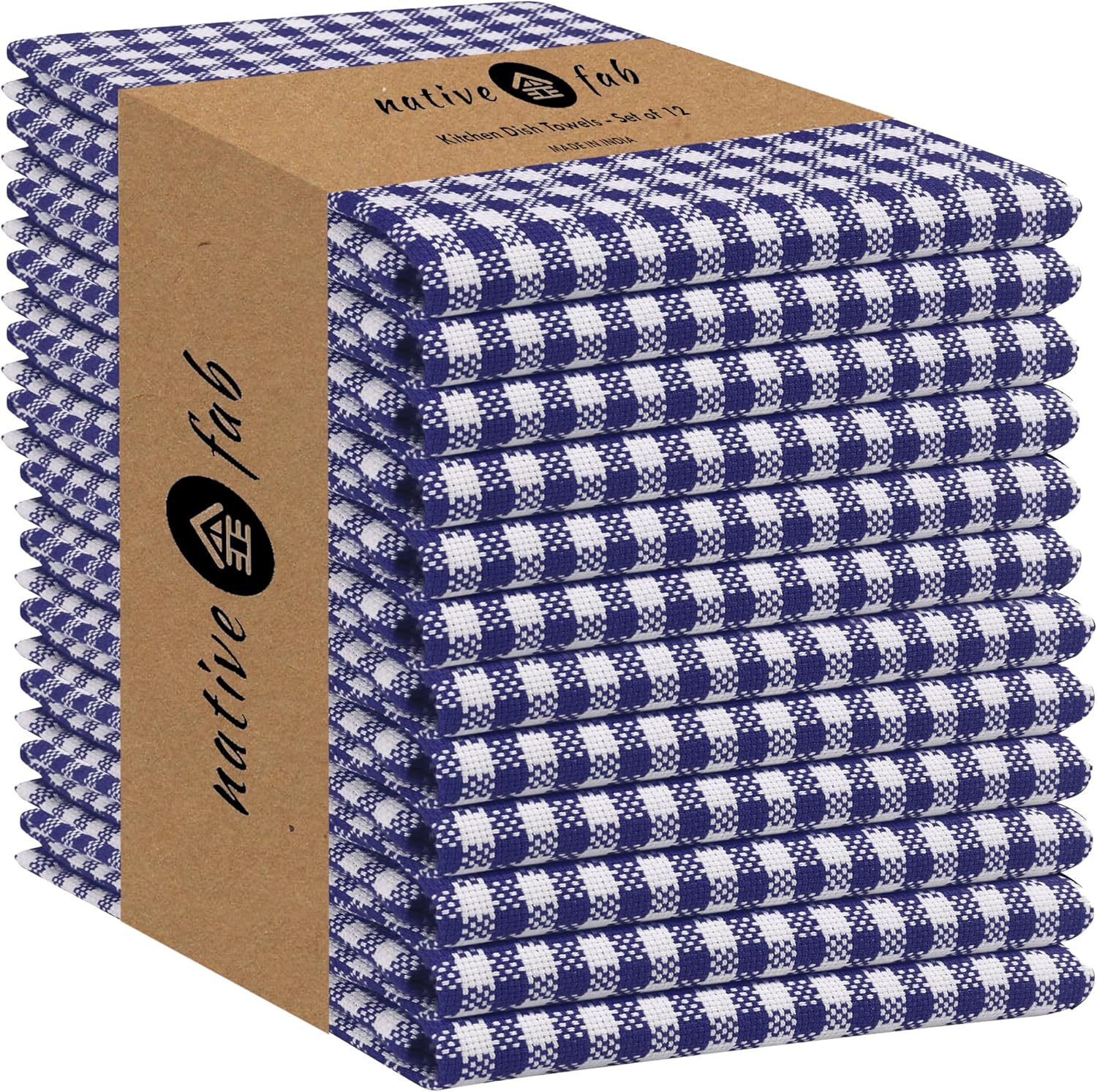 Native Fab 12 Pack Gingham Mini Check Kitchen Dish Towel Cotton Durable Washable 16"x26" - Tea Towels, Soft Absorbent Cleaning Towels, Hand Towel with Hanging Loop - Blue White