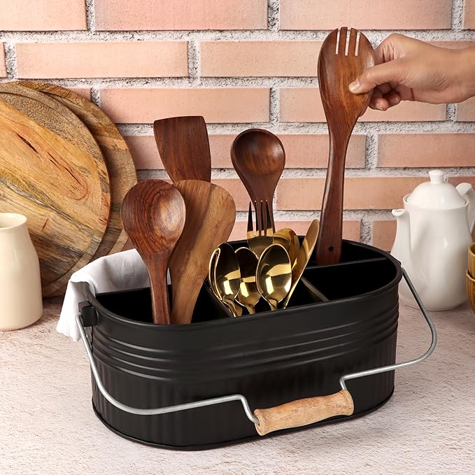 Alpha Living Home Galvanized Organizer Kitchen Drawer Organizezs Utensil Organizer Heavy Duty Metal Alloy Silverware Holder Cutlery Organizers in Drawer Flatware Organizer Tray 4 slots (Black)