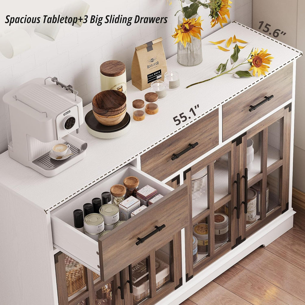 IRONCK Buffet Cabinet with Storage, 55" Large Sideboard Buffet Storage with LED Lights, Farmhouse Coffee Bar Wood Liquor Cabinet for Kitchen, Dining Room, White and Oak