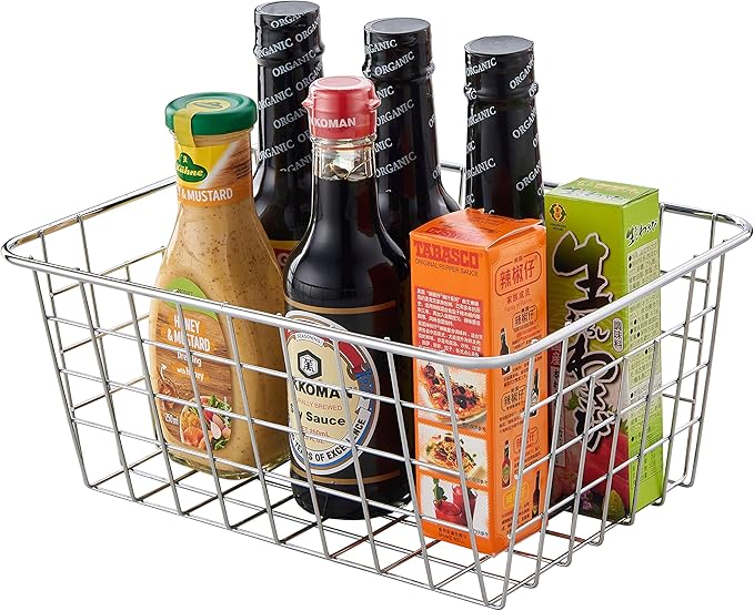 Wire Kitchen Storage Basket 4 Packs,Perfect Pantry Organization Accessories Baskets,Laundry Basket,Countertop Organization,Suitable for Kitchen,Bathroom,Bedroom,Tabletop,Stackable,Chrome