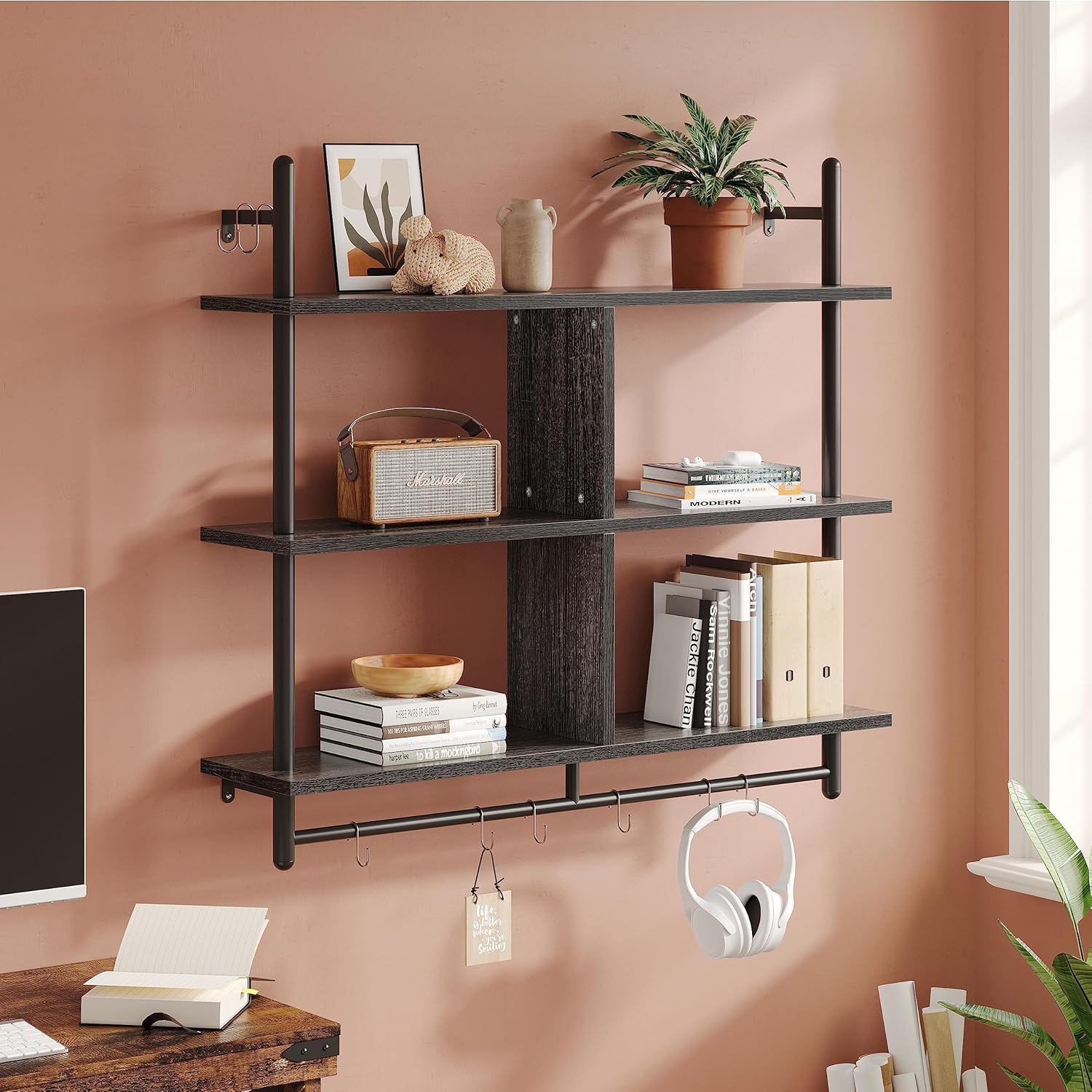 Bestier Kitchen Shelves Wall Mounted Floating Pipe Shelving 3 Tier 41.5" Coffee Bar Shelf with Holder, Wall Display Storage Rack Sundries for Kitchen Living Room, Charcoal Black