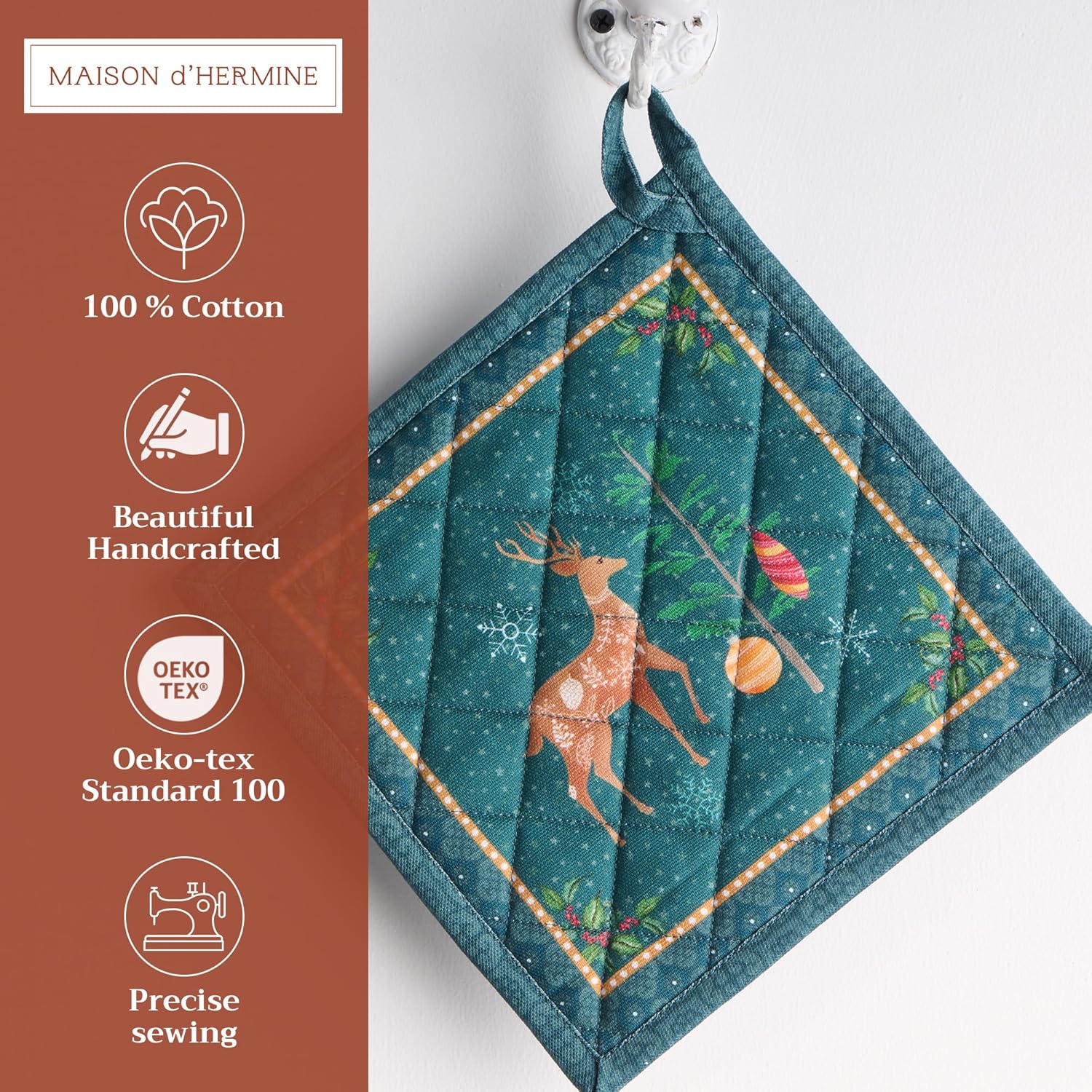 Maison d' Hermine Pot Holders 100% Cotton Heat Resistant Potholders 8" x 8" Hot Pads with Loop BBQ, Cooking, Baking, Grilling, Kitchen, Handling Hot Pans (Pack of 1, Hygge Christmas)