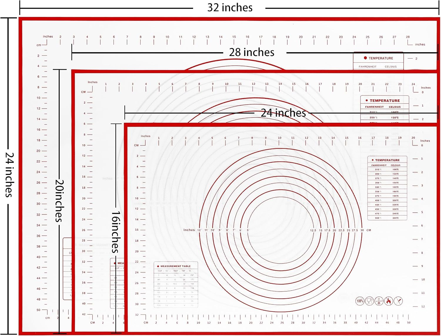 Yansumi Silicone Pastry Mat Extra Large Non-Slip Mat for Rolling Dough Pie Crust and Baking Non-Stick with Measurements (Red, 32x24)