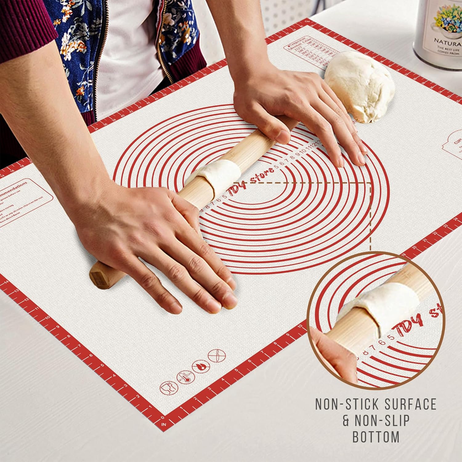 36 * 24 inches Red, Non-Slip Silicone Baking Sheets - Baking Mat with 0.7mm Thickness - Non-Stick Pastry & Cookie Mat for Kitchen Counter for Rolling Out Dough with Measurements.