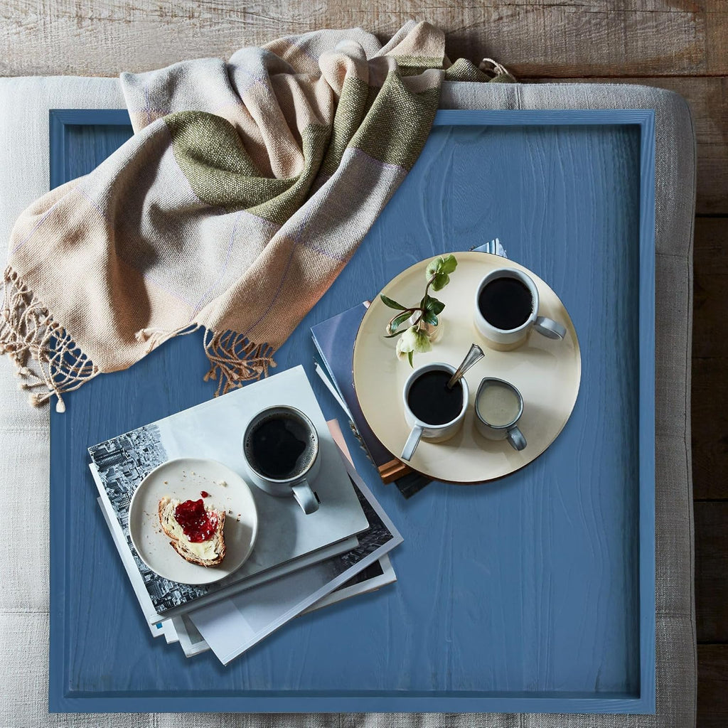 Square Ottoman Table Tray 24" - Rustic Wooden Serving Tray for Farmhouse Decorative Oversized Coffee Table Trays Living Room Kitchen Counter Breakfast Blue