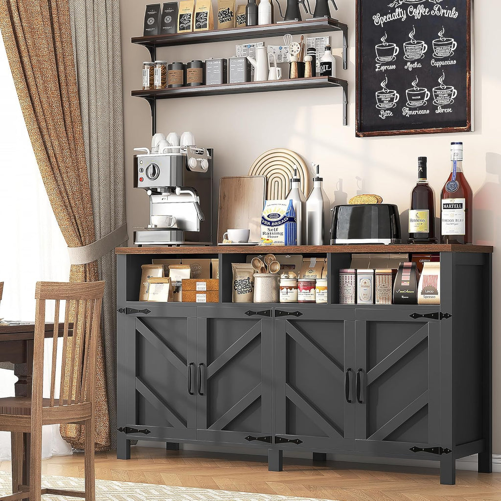 Buffet Sideboard with Storage Farmhouse with 4 Doors, 55'' Large Kitchen Storage Cabinet Wood Coffee Bar Cabinet Buffet Table with Shelves for Kitchen, Dining Room, Entryway (Black, 55 in)