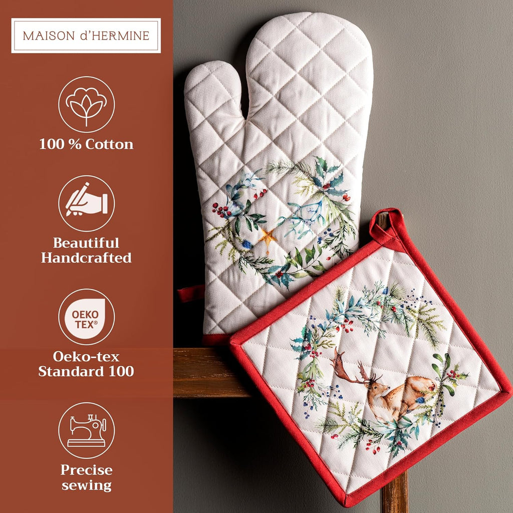 Maison d' Hermine 100% Cotton Oven Mitt & Pot Holder Set (7.5"x13" & 8"x8") Heat Resistant BBQ Cooking Gloves with Loop, Baking, Grilling, Kitchen, Handling Hot Pans (Holly Time)