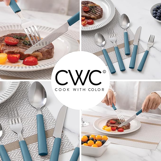 COOK WITH COLOR Bamboo Kitchen Utensil Set with Drawer Organizer | Cooking Tools and Storage Caddy, Blue, 25 Piece Cutlery Set