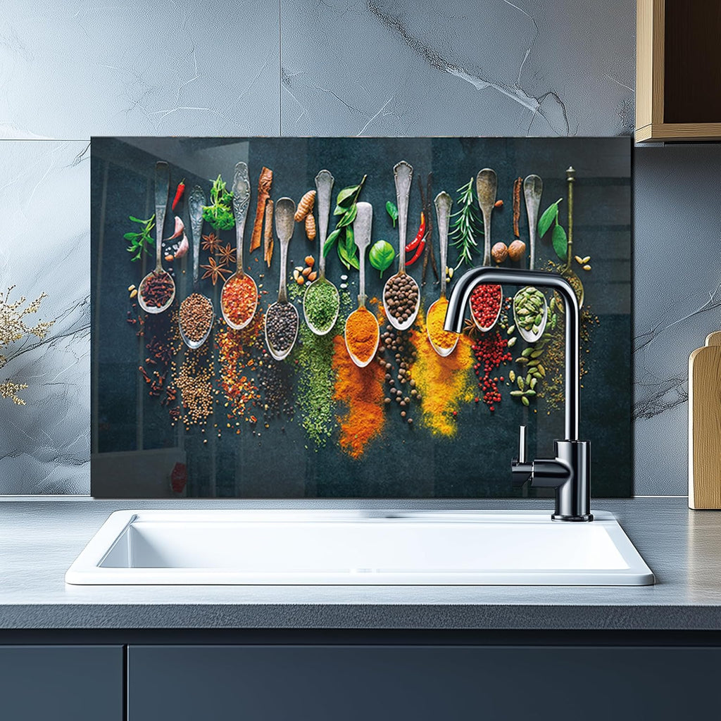 DAIFURONGE Spice Tempered Glass Backsplash For Kitchen Behind Stove,Stove Backsplash Top Cover,Easy to Clean Glass Splashback, Sink Cover Splash Guard,Home Kitchen Wall Decor (27.56"x19.69"(70x50cm))