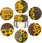 Table Coaster for Drinks Set of 6, Vintage Sunflower Wood Round Ceramic Coasters,with Cork Base and Metal Holder,Great Housewarming Birthday Gifts,Home Decor
