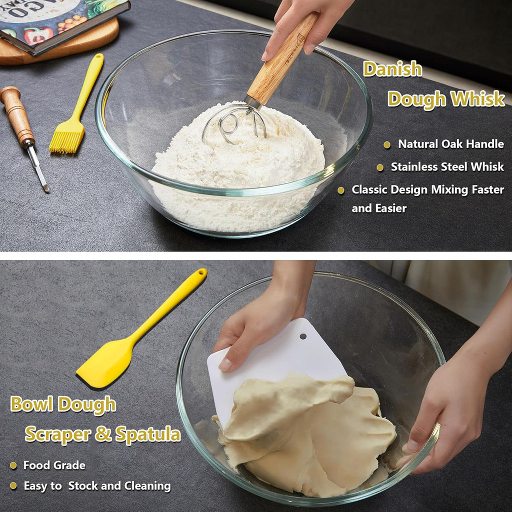 Sourdough Bread Baking Set - 10 Inch Oval & 9 Inch Round Banneton Bread Proofing Baskets with Linen Liner, Danish Dough Whisk, Dough Scraper Kit