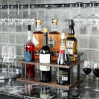 KLM Coffee Syrup Organizer, 2 Tier Wooden Small Display Shelf (6 Bottle Capacity),Syrup Bottle Sturdy Holder for Coffee Bar, Kitchen Countertop Syrups, Condiments and Wine