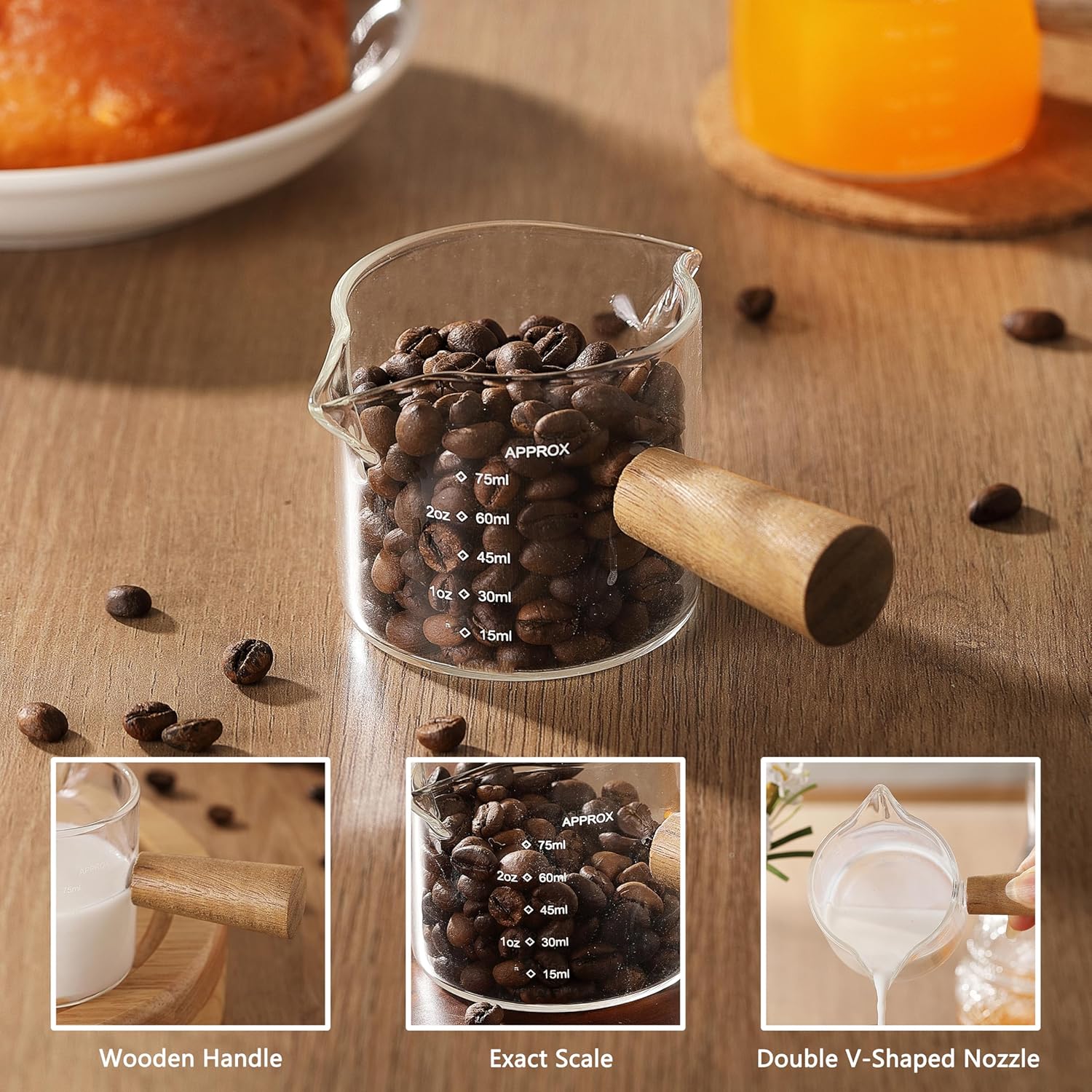 2 Pack Measuring Cups, Espresso Shot Glass with Wood Handle, Clear Glass with Dual Scale, Espresso Accessories with Double Spouts, 2.5 OZ /75 ML