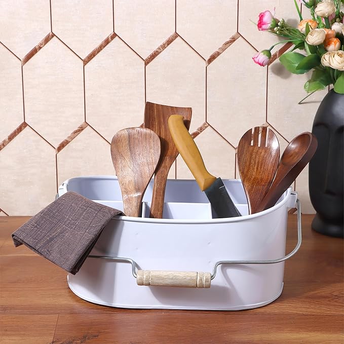 Alpha Living Home Farmhouse 4-Section Galvanized Utensil Caddy - Versatile Organizer for Kitchen, Party & Outdoor Events Rustic Silverware Holder, Cutlery Organizer, Picnic (White)