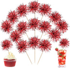 40 PCS Foil Firework Cupcake Toppers Sparkle Tinsel Cupcakae Picks Sparkler Fireworks Party Decorations Cocktail Fruit Toothpick for Birthday Wedding Graduation Party Decorations Supplies Red