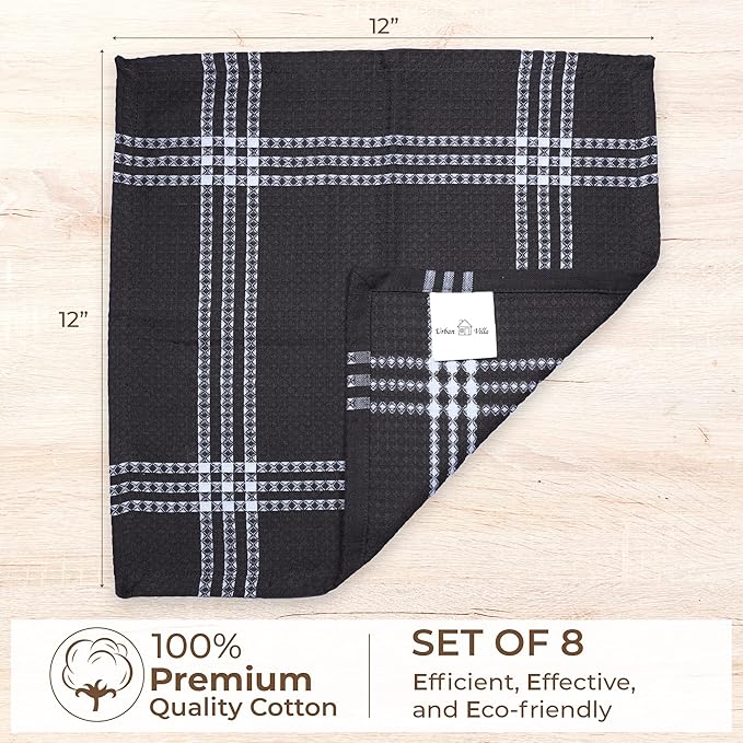 Urban Villa Cotton Dish Cloth Set of 8, Waffle Kitchen Cloth 12x12 Inch Highly Absorbent Soft Dish Cloths for Kitchen Cleaning & Drying Dishes Mitered Corner Dish Towels - Grey White, Checks