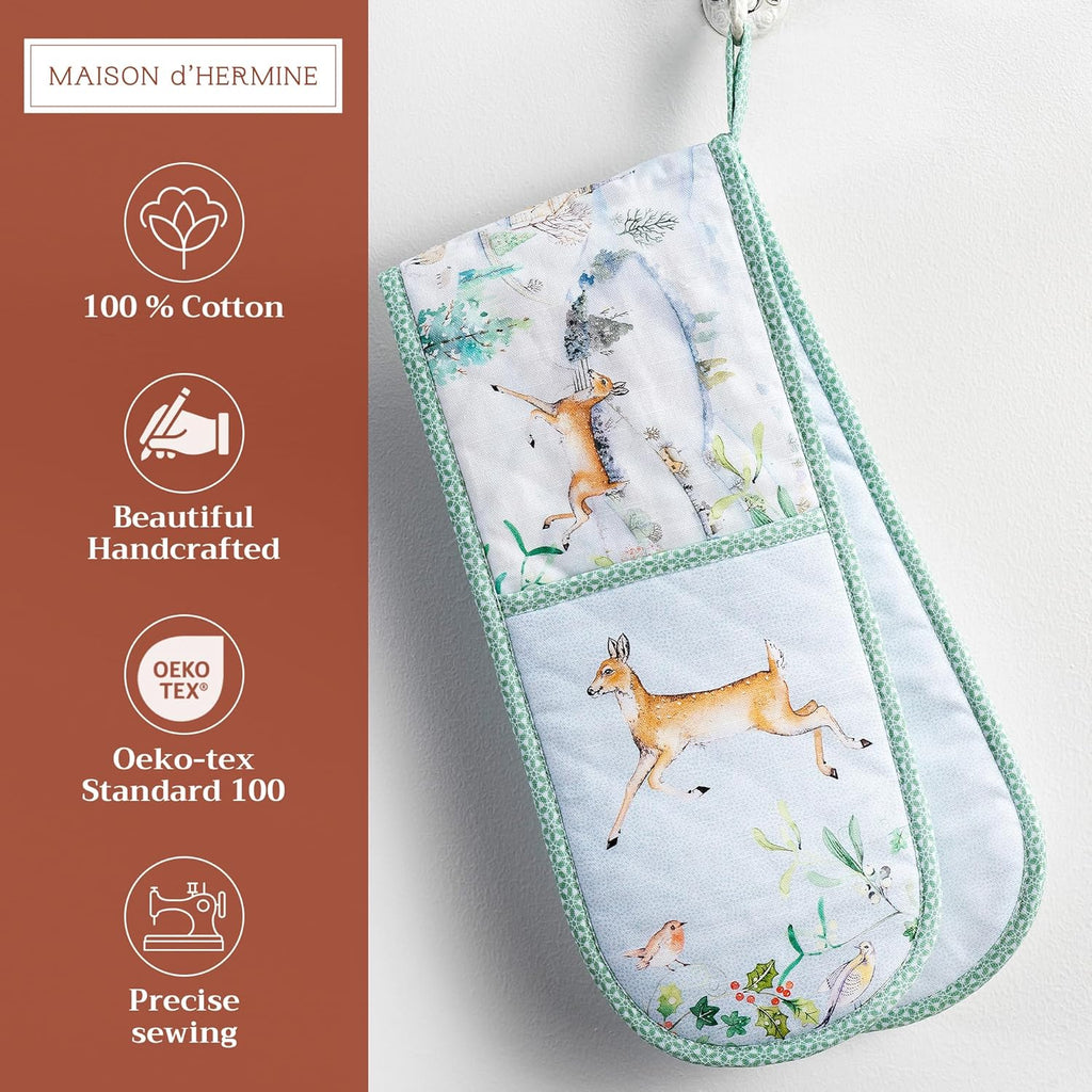 Maison d' Hermine Double Oven Mitts 100% Cotton 7"x35" Double Oven Mitt Heat Resistant BBQ Cooking Gloves with Loop, Baking, Grilling, Home, Kitchen, Handling Hot Pans (Snowy World)