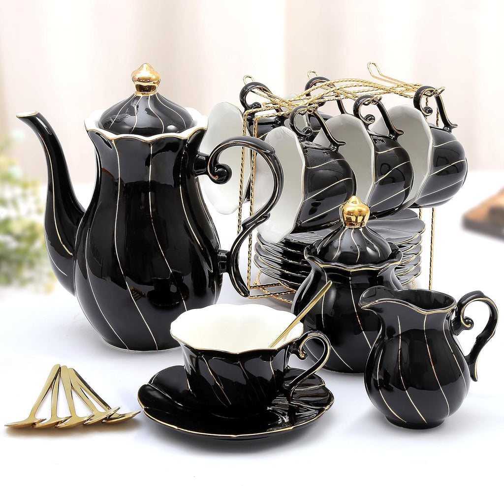 DUJUST 22 pcs Porcelain Tea Set for 6, Luxury British Style Tea/Coffee Cup Set with Golden Trim, Beautiful Tea Set for Women, Tea Party Set, Gift Package (Including a Stand) - Black