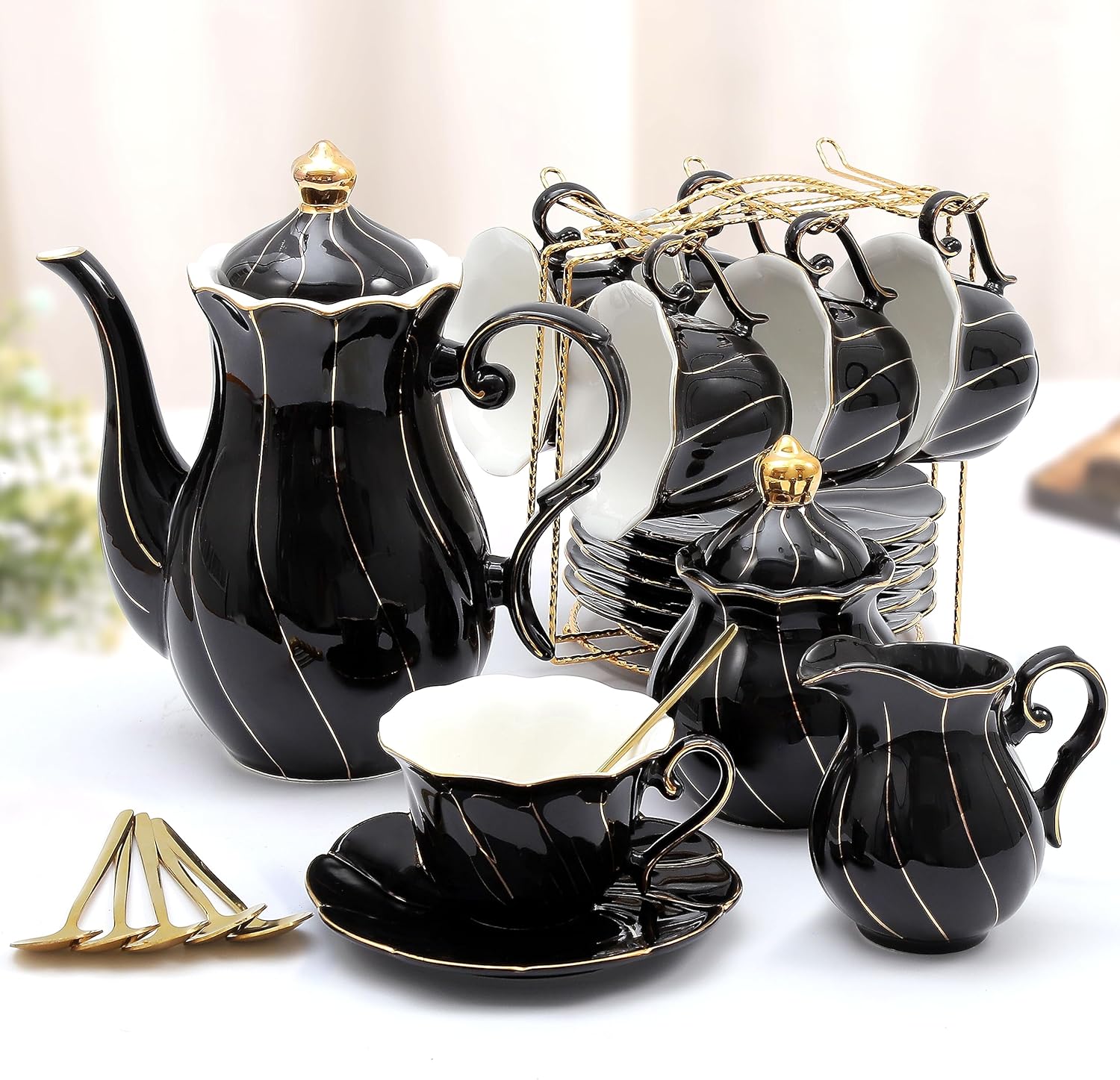 DUJUST 22 pcs Porcelain Tea Set for 6, Luxury British Style Tea/Coffee Cup Set with Golden Trim, Beautiful Tea Set for Women, Tea Party Set, Gift Package (Including a Stand) - Black
