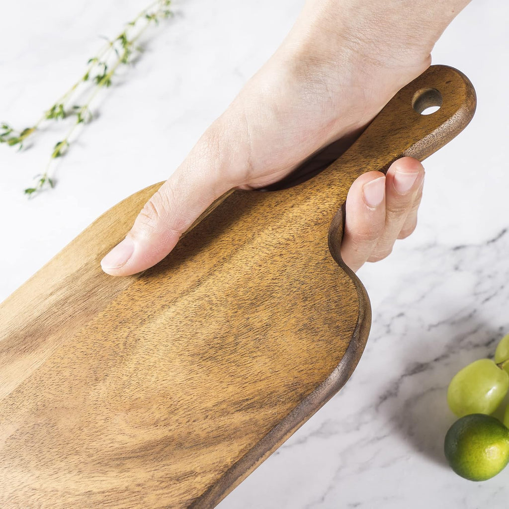 Wood Cutting Board with Handle, Long Acacia Serving Board Wooden Cheese Board Charcuterie Boards Wood Board for Food Bread Fruit 16.1x4.7x0.6 Inch