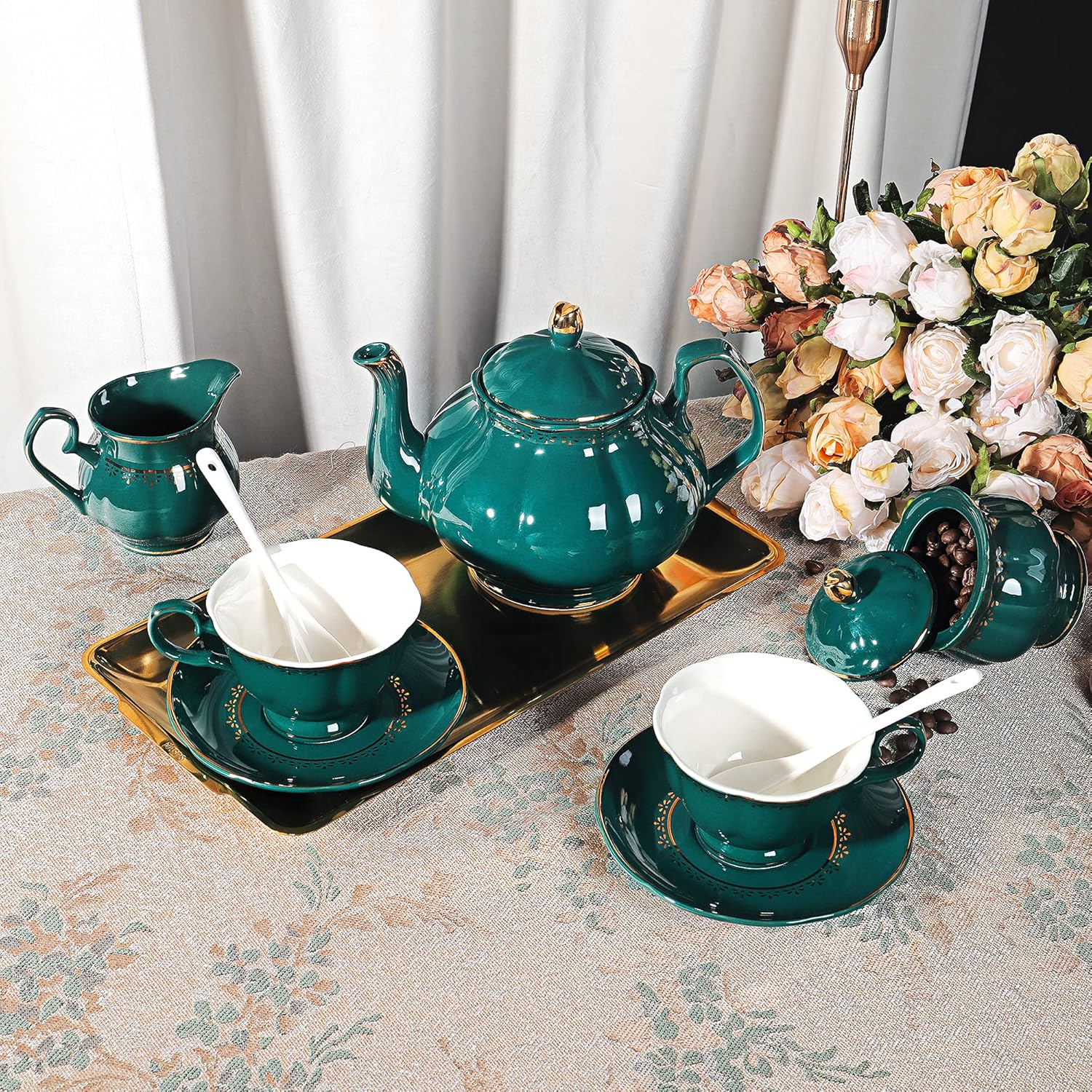 fanquare 21 Piece Vintage Porcelain Tea Set, Green with Gold Trim Fine China Tea Sets for Party, Teapot with Tea Cup and Saucers Set for 6, Christmas Gifts