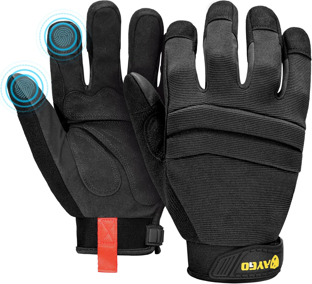 KAYGO Work Gloves For Men, KG125M Mechanic Utility Work Gloves for All Purpose, Excellent Grip, Heavy Duty, Improved Dexterity, Touch Screen,Black, 2XL