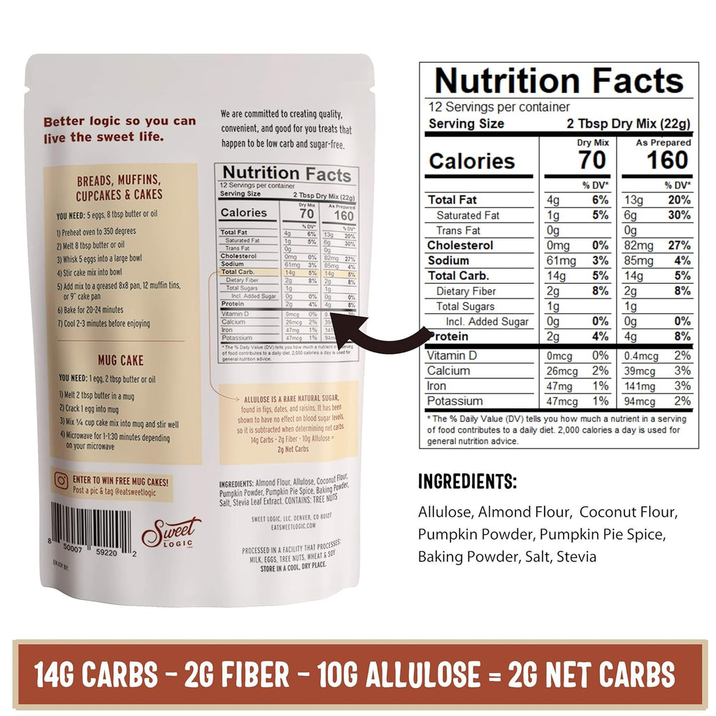 Sweet Logic Keto Baking Mix - Pumpkin Spice Muffin - Gluten-Free - Dairy Free - Diabetic-Friendly - High Protein - Allulose - Stevia - Low Sugar - Low Carb - Quick 20-Minute Prep (1-2G Carbs Per Serving)