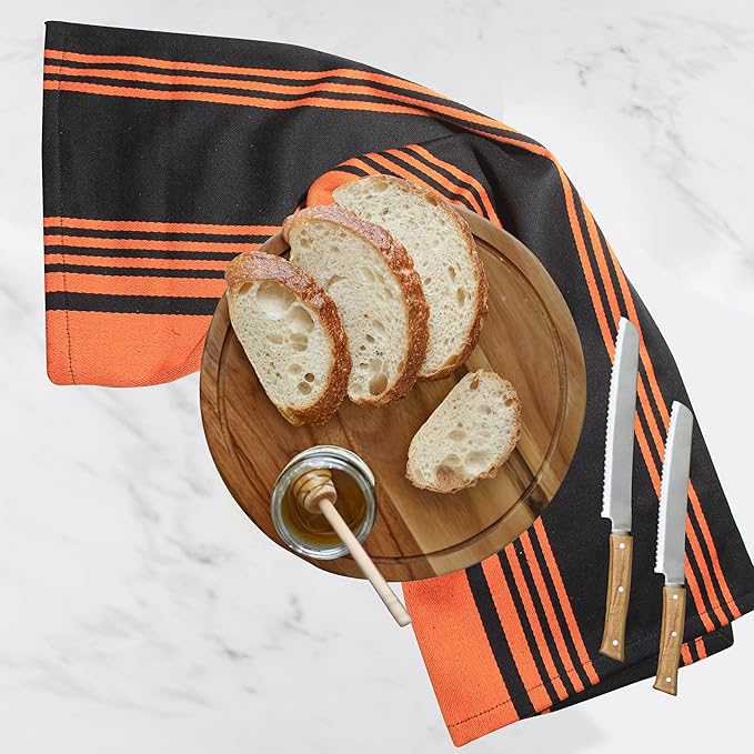 Urban Villa Kitchen Towels 100% Cotton Dish Towels(Set of 3) 20”x30” Dish Cloths Highly Absorbent Kitchen Linen Set with Hanging Loop Perfect for Drying Dishes Cleaning Towels-Orange Balck