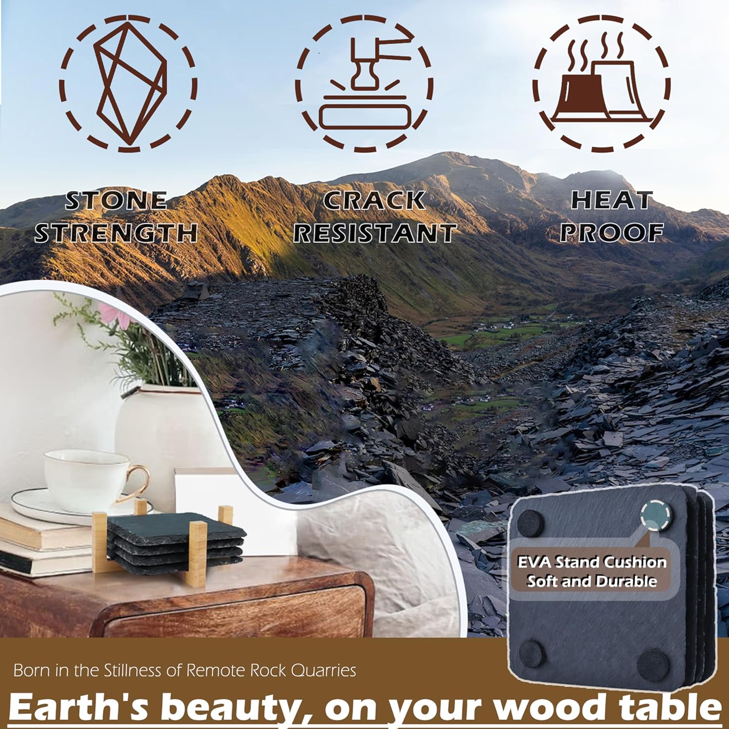 Black Natural Stone Coasters Set of 4, Sleek Minimalist Square Drink Coasters with Natural Edge, Durable Anti-Scratch Table Décor for Home, Kitchen, Bar & Office, Protects Wood & Glass Surfaces