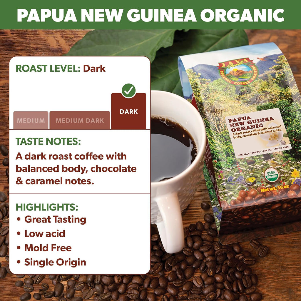 Low Acid Organic Coffee – Whole Bean, Mold-Free & Stomach Friendly by Java Planet, Papua New Guinea Single Origin Coffee, Dark Roast, Smooth Full Flavored, 5LB Bag
