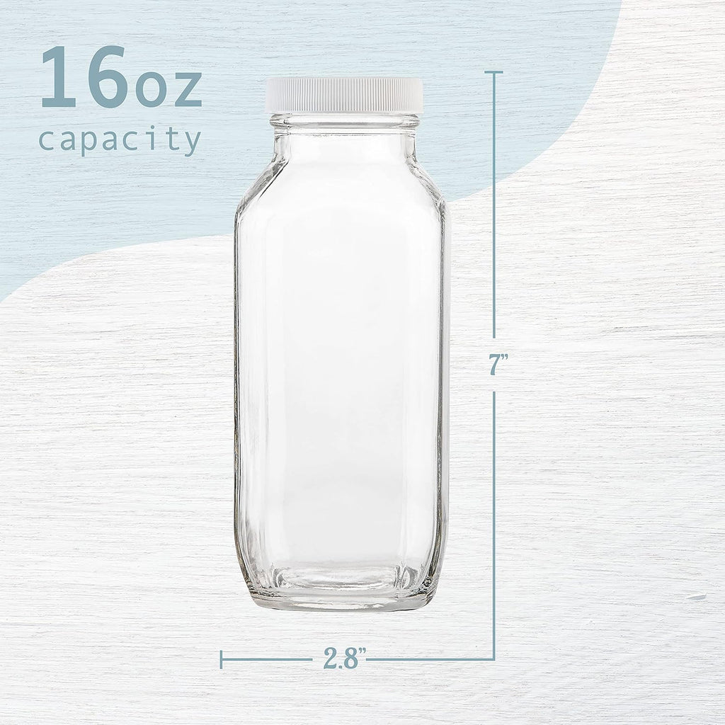 kitchentoolz 16oz Square Glass Milk Bottles with Airtight Plastic Lids – Pack of 4 | Reusable Milk Containers for Fridge & Lunchbox Storage – Ideal for Dairy, Smoothies, Juice, Water & More