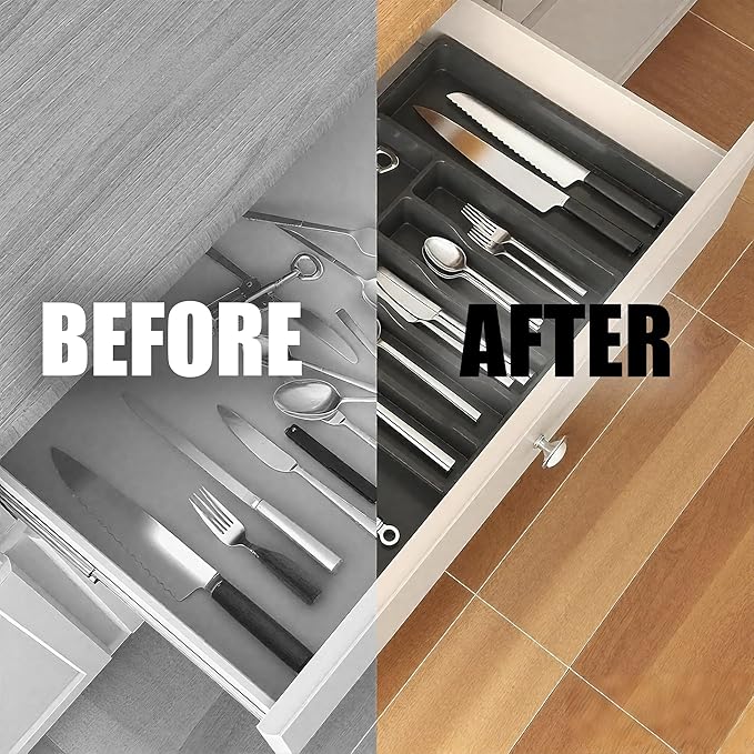 Silverware Drawer Organizer, Expandable Utensil Tray Adjustable from 13-22.4" Wide, BPA-Free Plastic Cutlery Holder with 8 Compartments, Black
