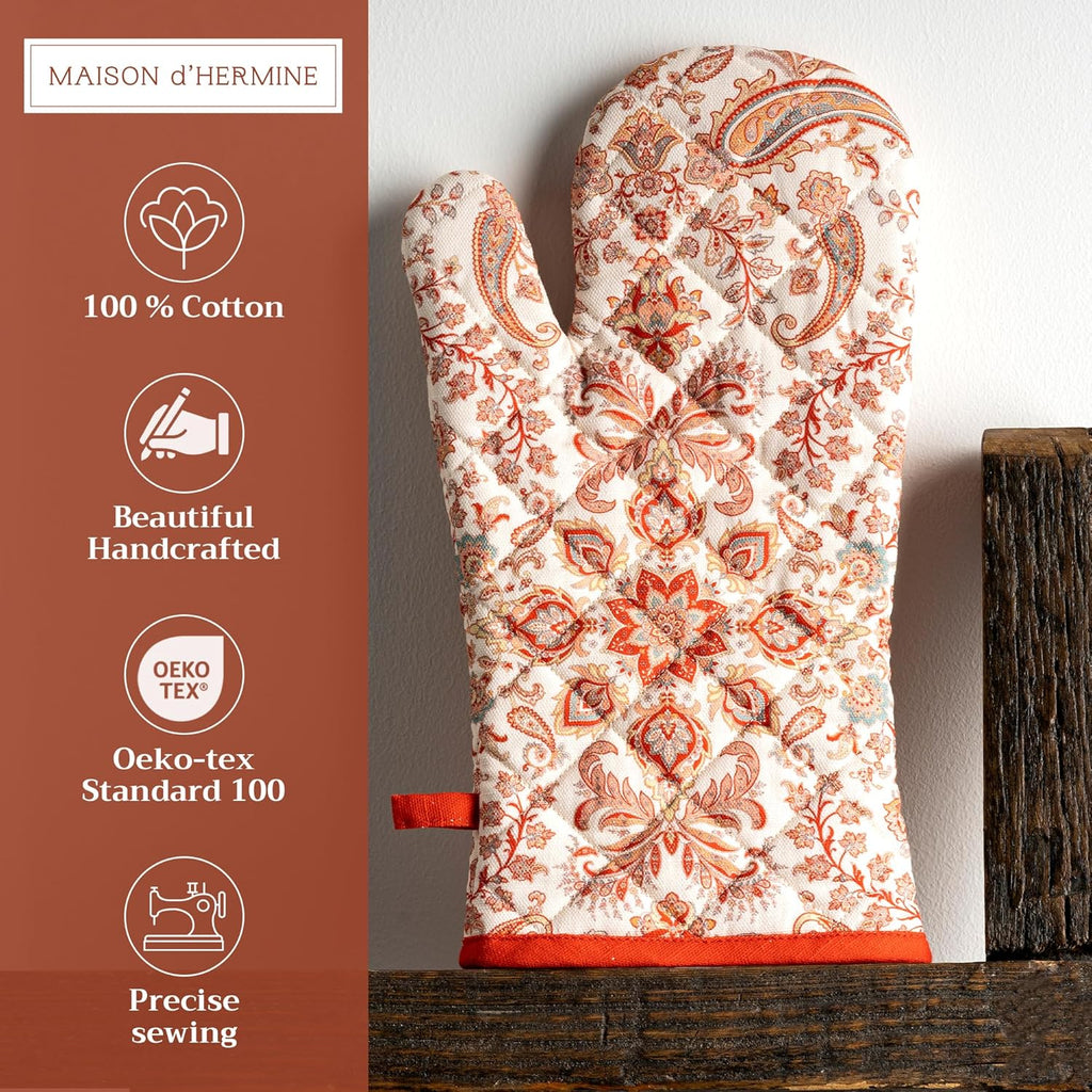 Maison d' Hermine Oven Gloves 100% Cotton Oven Mitt 7" x 13" with Loop Heat Resistant, BBQ, Cooking Gloves, Baking, Grilling, Kitchen, Handling Hot Pans (Pack of 1, Cachemire)