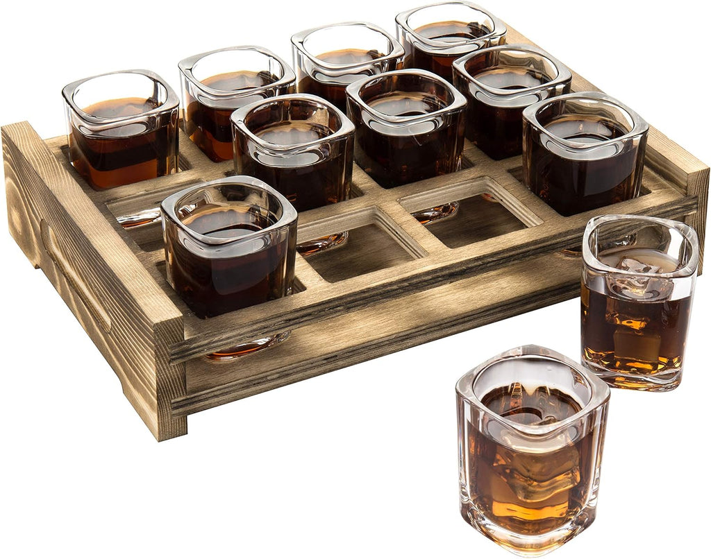 MyGift Shot Glass Serving Set Includes 12 Square Shot Glasses and Burnt Brown Wood Slotted Server Tray