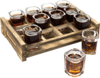 MyGift Shot Glass Serving Set Includes 12 Square Shot Glasses and Burnt Brown Wood Slotted Server Tray