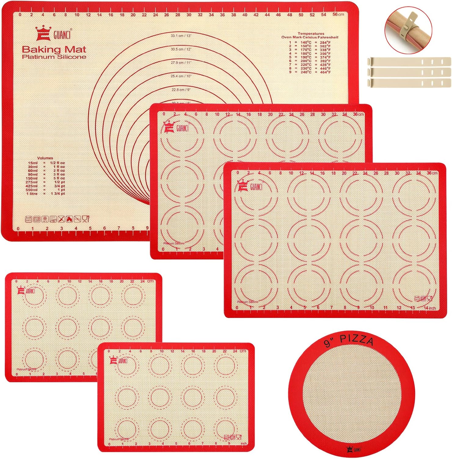 Silicone Baking Mat Set of 6, GUANCI Grade Food Baking mats Non-Stick Reusable Pizza Bakeware Mat for Making Macaroon, Pizza, Cookie, Pastry, Bread, Bun（Red）