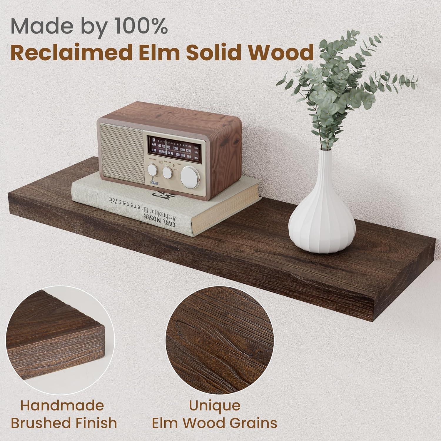 Floating Shelves for Wall Decor, 8 Inch Deep Rustic Solid Elm Wood Floating Shelves Wall Mounted, Wall Shelves with Invisible Bracket for Living Room Bathroom Bedroom Kitchen, 24 Inch Set of 2, Walnut