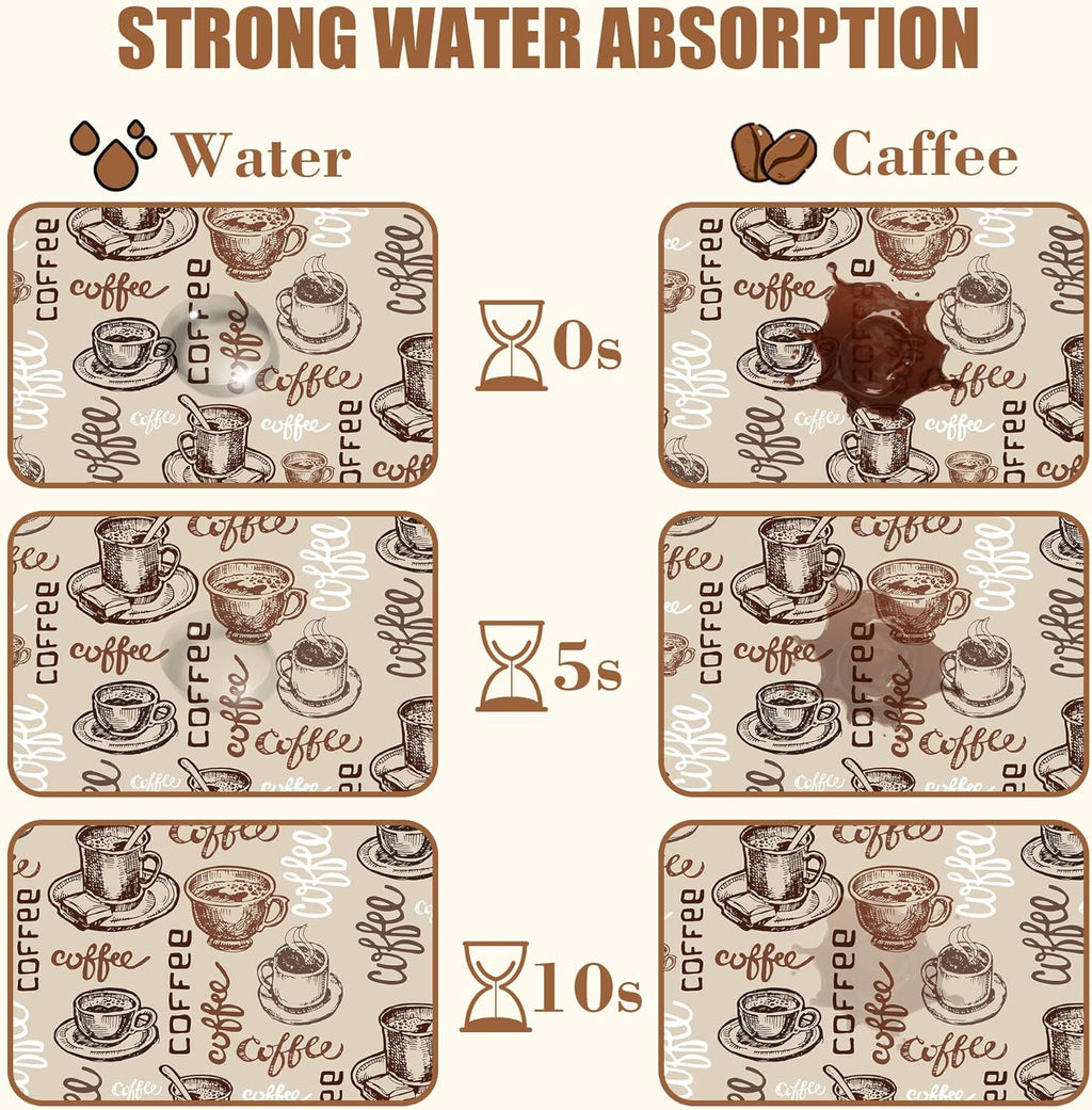 Coffee Cup Dish Drying Mat Cute Doodle Coffee Bar Mat for Countertop Absorbent Rubber Backed Hide Stain Dish Drainer Rack Pad Espresso Machine Dining Room Decoration 11.8 x 19.7 Inch