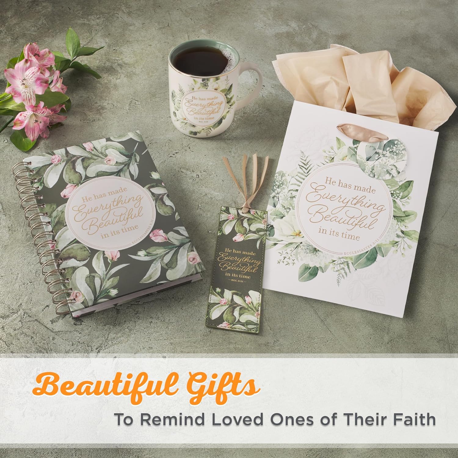 Christian Art Gifts Large Ceramic Inspirational Coffee & Tea Scripture Mug for Women: Everything Beautiful Encouraging Bible Verse, Sturdy, Novelty Non-Toxic Beverage Cup, White & Green Floral, 14 oz.