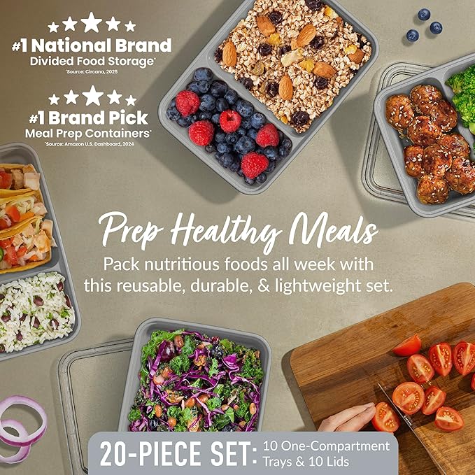 Bentgo Prep - 20-Piece 2-Compartment Reusable Meal Prep Containers with Lids, PFAS & BPA Free Materials, Durable, Microwave, Freezer, & Dishwasher Safe To Go Food Storage (Silver)