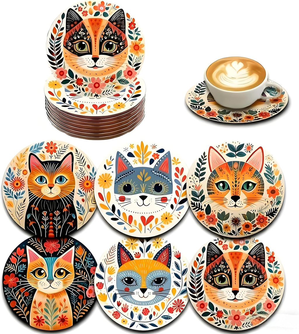 Wood Coasters Set of 6 - Handcrafted Drink Coaster Thick Heat-Resistant for Office, Bar, Farmhouse - Cute Cat Drink Cup Coasters for Table Protection