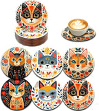 Wood Coasters Set of 6 - Handcrafted Drink Coaster Thick Heat-Resistant for Office, Bar, Farmhouse - Cute Cat Drink Cup Coasters for Table Protection