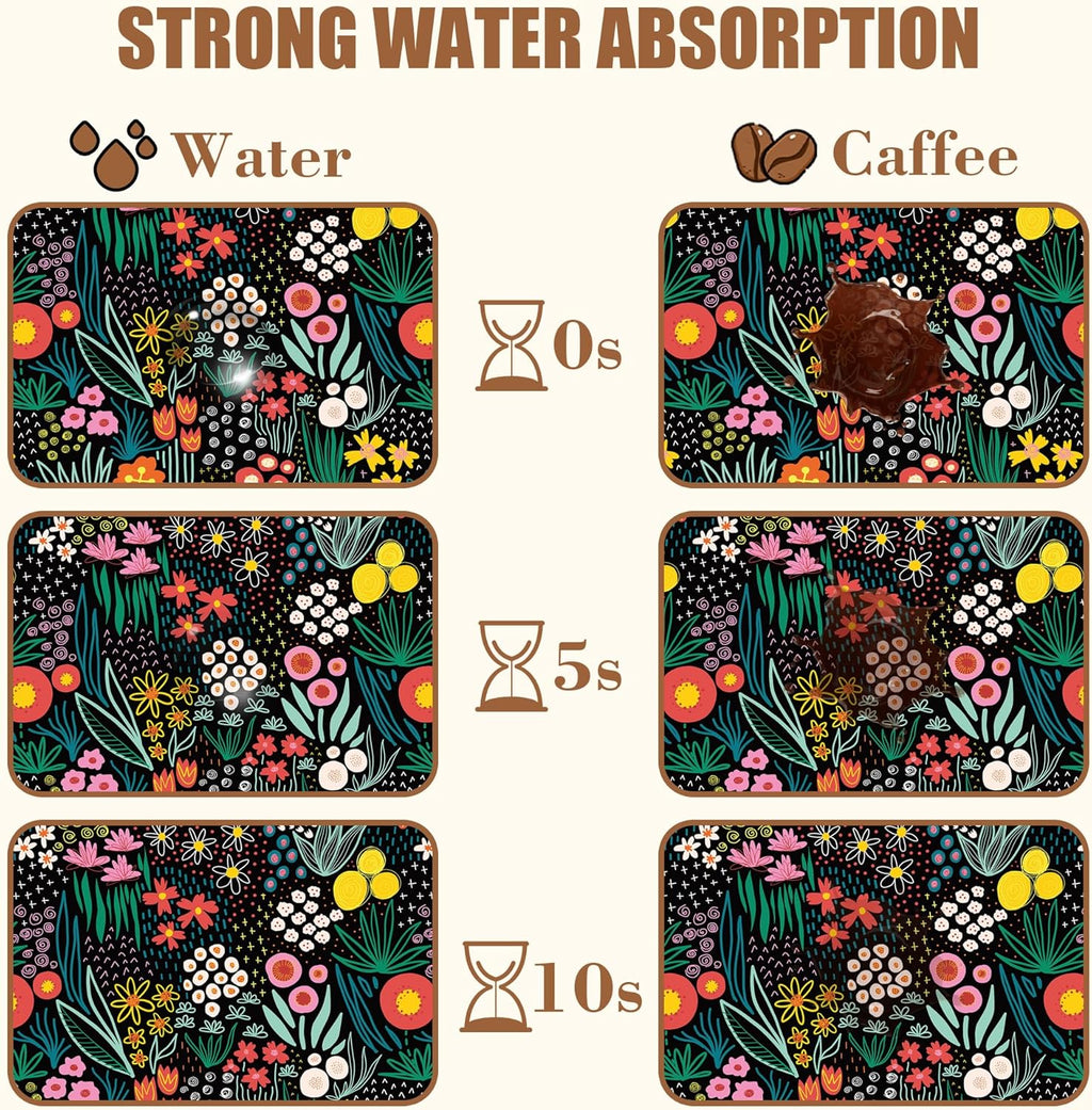 Dish Drying Mat Doodle Flower Meadow Coffee Bar Mat for Countertop Absorbent Rubber Backed Hide Stain Dish Drainer Rack Pad Coffee Pot Espresso Machine Dining Room Decoration 15.7 x 23.6 Inch